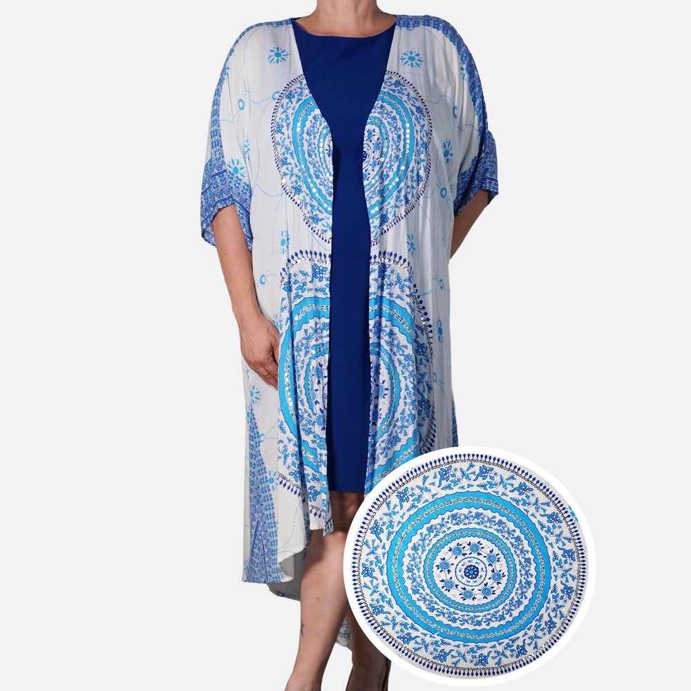 Ibiza Fashion Secrets Sequin Mandala Blue Open Front Kimono O/S Euro-Summer